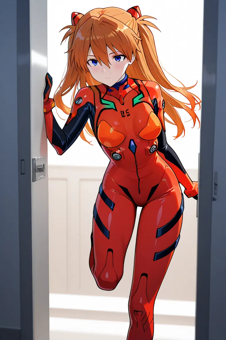  masterpiece, Highest quality, high definition,Alone,asklng1, 1girl ,long hair,blue eyes,orange hair,red plugsuit   ,standing on one leg