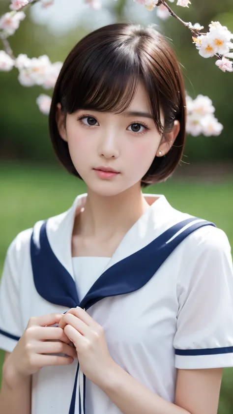 ( sexy sailor suit holding peach branches, very young beautiful girl ,Ultra-thin body, very short hair , Correct human body , detailed eyes, detailed faces , very beautiful face ,  very cute face, sexy lips, beautiful skin, evenly balanced eyes with camera...