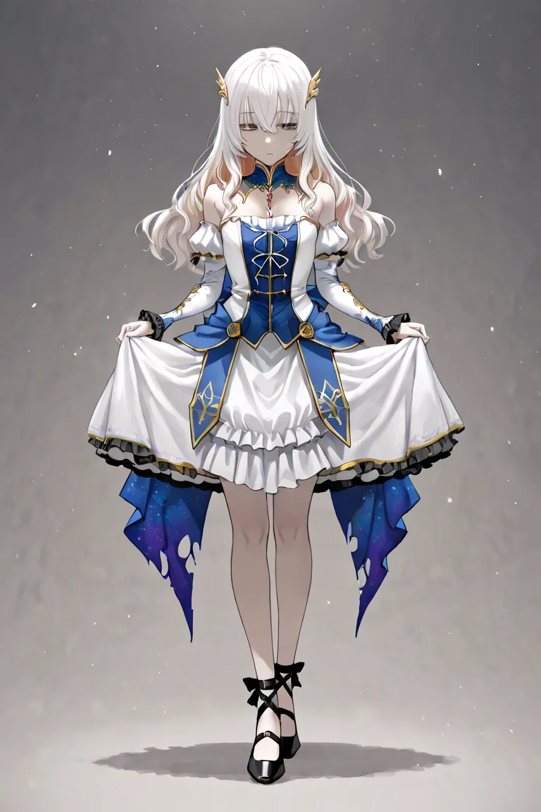 Silvery-white hair unevenly cut, Pale lifeless eyes almost colorless blue, A bloodstained white dress, torn ballet flats, and a single doll’s button sewn onto her sleeve—something that once belonged to Valeria, emotionless, no expression, kuudere, Lilia’s ...