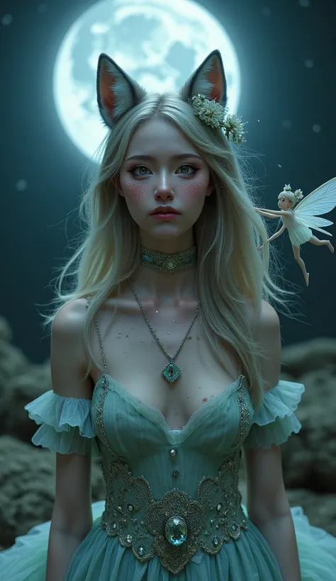 A she-wolf girl howls at the moon in a sexy dress that is glittered on her face. She has freckles on her chest lies a fairy around pollen 