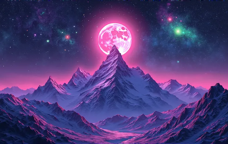 A stunning neon art scene of a mountain range under a glowing full moon, with the night sky painted in vibrant neon hues of purples, blues, and pinks. The mountains are outlined in bright neon colors, their sharp peaks contrasting against the soft, glowing...