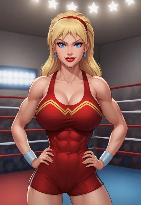 safe_pos, PonyXLV6_Scores BREAK (((parody style, parody:1.2)), perfect anatomy, cowboy shot) 1girl, blonde hair, french braid, blue eyes, ((looking at viewer)), hairband, star earrings, white wrestling singlet, curvy,  athletic, standing, hands on hips, in...