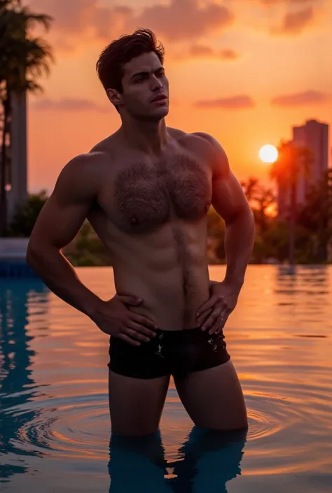 Close up portrait, stylish young masculine man in shorts with double strings, smilling face looking at viewer, standing drenched in infinity pool back edge, wet body , hands on waist posing as bright soft lighting illuminates his muscular physique,evening ...