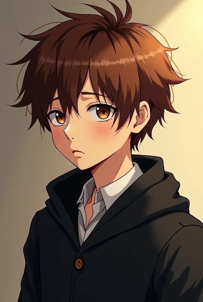 Chestnut hair is brown and blond. It has a strange color, but on one side and a few sharp highlights, but his eyebrows are normal and there is no interest, but something that attracts her with a black coat. A age boy painted it in the style of a manga anim...