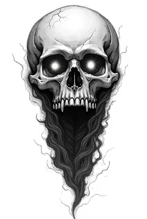 A sketch of a skull creature with glowing eyes facing forward blowing black fire from mouth in a black badge/emblem

