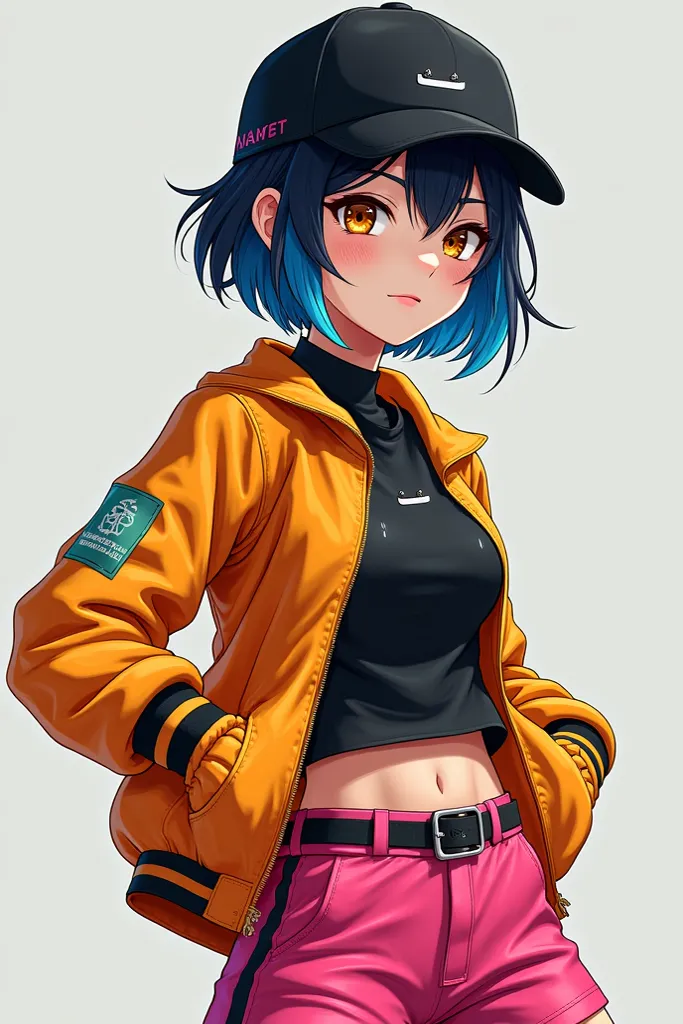 Make a Japanese woman with short hair with shades of blue at the ends sweating a black cap with a yellow jacket with blue and a black skirt 