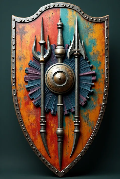 A shield with 2 tridents, gypsy colors, fabrics in the middle, an old car wheel 