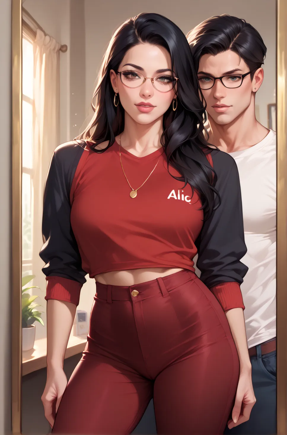 A man and woman are taking a picture with their phones in front of a mirror, 1girl, English text, 1boys, meme, black hair, glasses, long hair, implicit sex, sex with clothes, low pants, realistic 