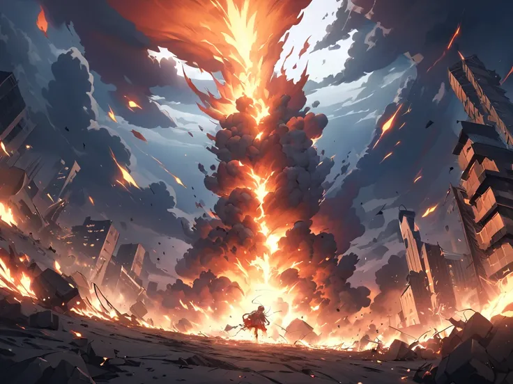 explosion, bomb explosion, lots of fire, no person, only explosion, background city,