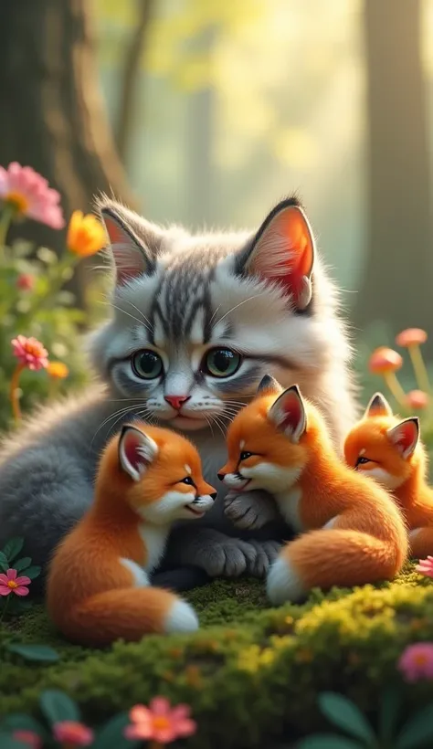 A cute and fluffy cat, with soft fur in shades of gray and white, is lying on a cozy bed made of moss and leaves in an enchanted forest. The cat has large, expressive eyes, full of affection, as it cuddles three small fox cubs with its paws. The fox cubs h...