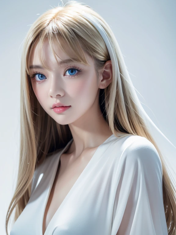 (((white background:1.3))))、Highest quality、masterpiece、high definition、very beautiful platinum blonde hair、(((1girl in)))、、(((Eyes are white:1.3)))、 Robe Blanche 、(((white shirt:1.3、White Block Dress)))、 tyndall effect 、 real 、Shadow Studio、Ultramarine Li...