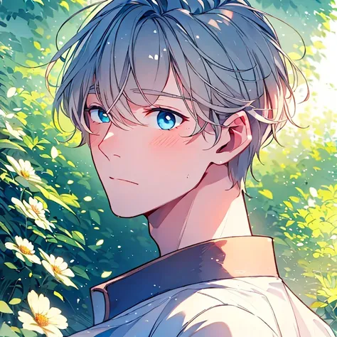 (masterpiece), (Highest quality), very detailed,  1 boy, Solo shot , perfect face, beautiful faces, very detailed顔、たくさんのflower、flower弁、boy in white shirt,  魅力的なmale, Alone,  handsome, male, light purple hair,  short hair, green eye, Stylish clothes , flowe...