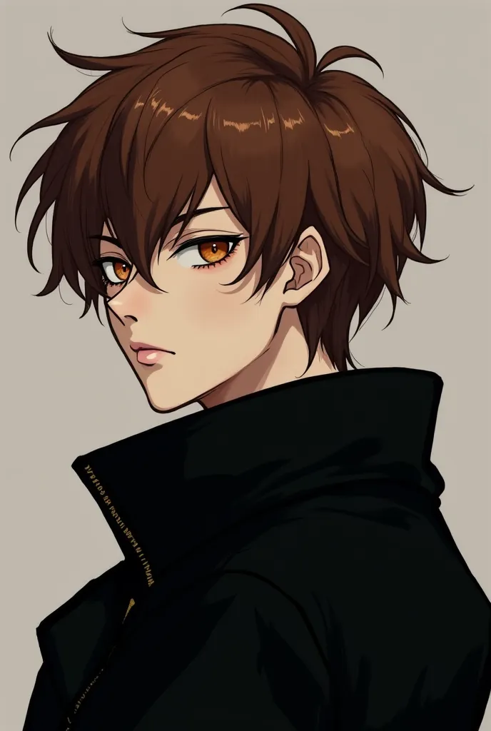 Chestnut hair is brown and blond without any bangs, hair on the side, a few sharp locks, but his eyebrows are normal and there is no interest, but something that attracts a age boy with a black coat painted in the style of a manga anime is a gloomy boy wit...