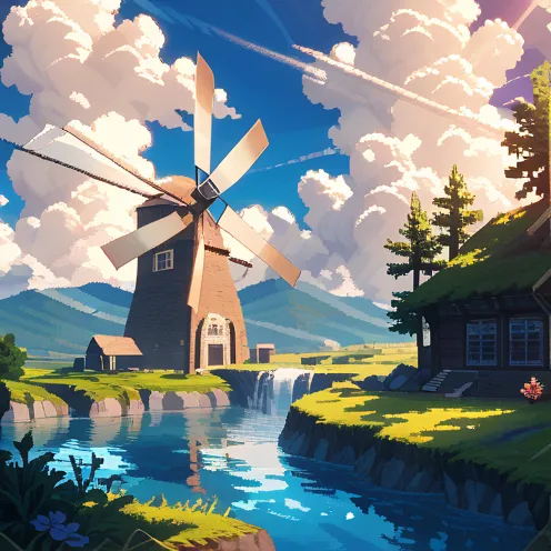  Landscape　water surface　gradation　Pixel art 　windmill