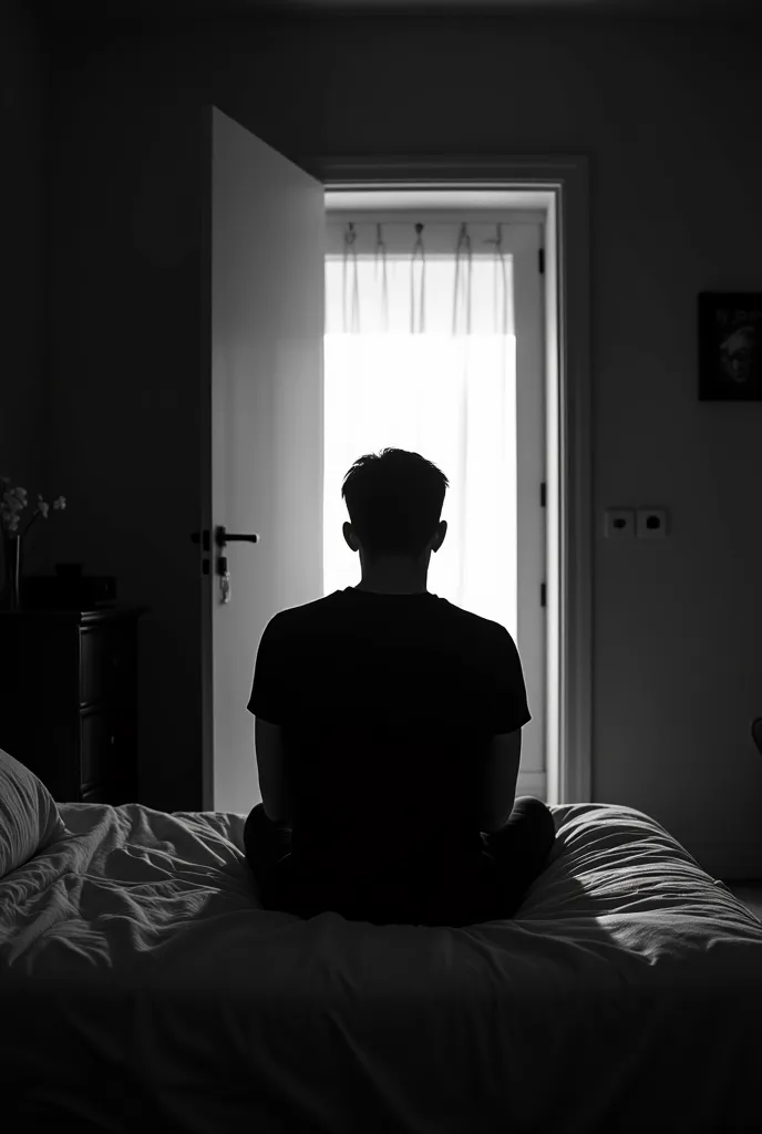 Image of a man centered on his bed looking at the door I entered open black and white image with a bit of mystery 