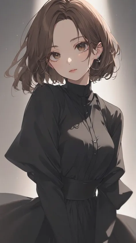 High Quality, Shinonome Ena, cool, hair color brown, no blackground, yohj yamamoto coordinate, no skirt, mode fashion, no sunglasses, eye color brown, all black coordinate, 