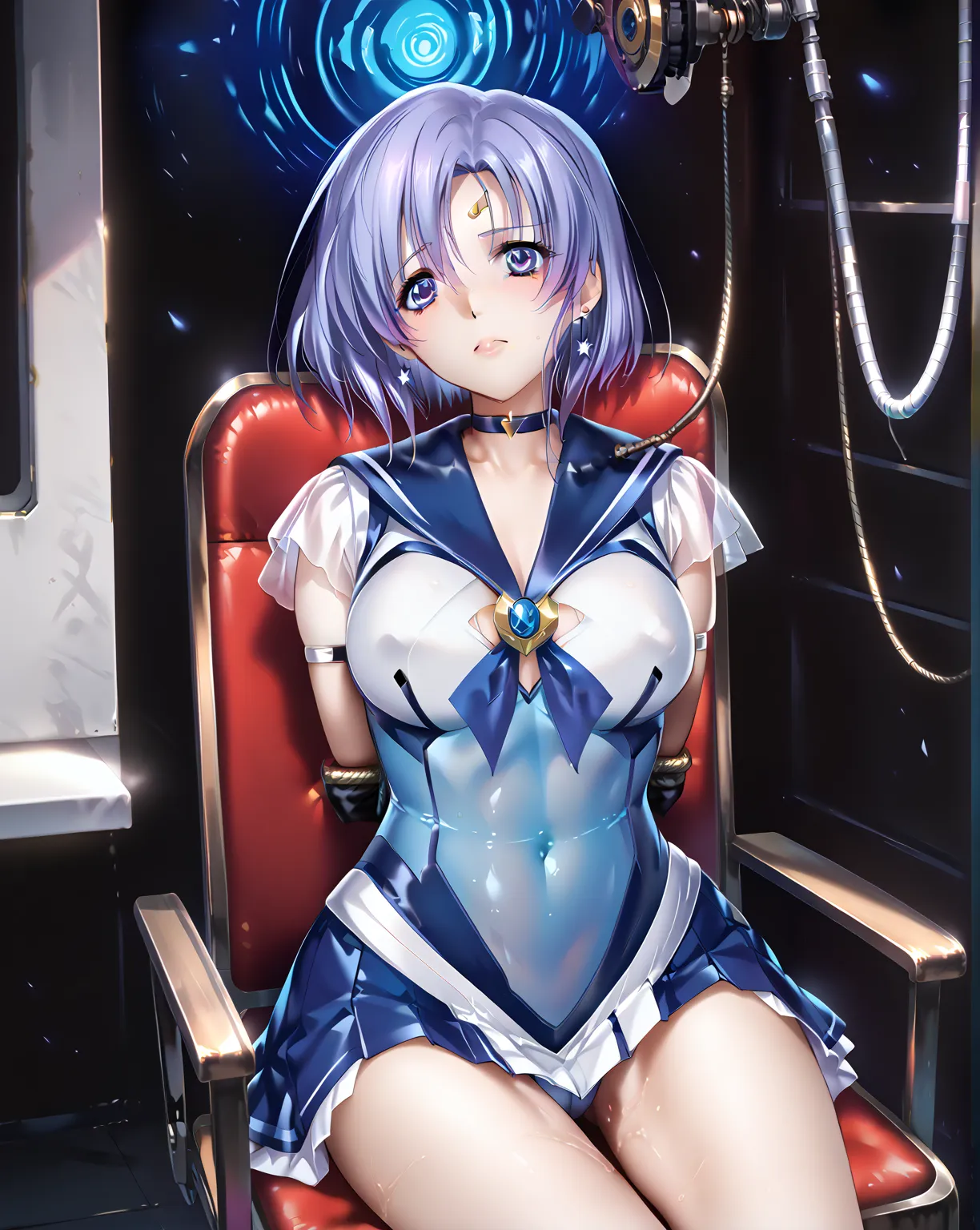 ( Masterpiece), ( top quality), ( high resolution), fine grain,  detailed face, ( mind control), (ringed eyes, Lavender eyes), (2woman),  Masterpiece,  high resolution,  top quality, 16k, ( Sailor Mercury、  Mizuno Ami), ( balanced body  ,  Balanced Head an...