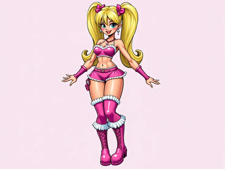  1 comic book style female wrestler.  stands on one side, bouncing lightly on her toes with a playful smirk.Hair: Long blonde hair styled in high pigtails with pink bows.

Eyes: Bright blue.

Attire: Pink and white frilly two-piece wrestling outfit with la...