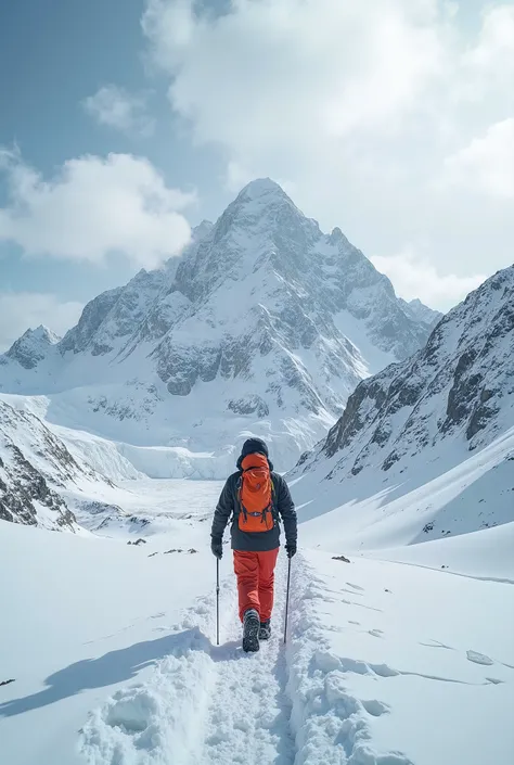 A person, dressed in hiking equipment, hiking in the snow, behind an unbelievable landscape, Mountains never seen before, many large, Much bigger than Mount Everest,An absurd beautiful snowy landscape,  dazzling, Out of the ordinary, Something unbelievable...