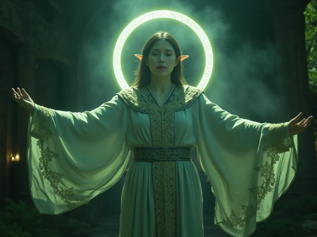 cinematographic epic magic and adventure lighting, A mystical, elven-like woman with pointed ears and greenish skin stands in a medieval fantasy setting. She wears elaborate robes adorned with intricate designs, resembling a priestess. Her arms are outstre...