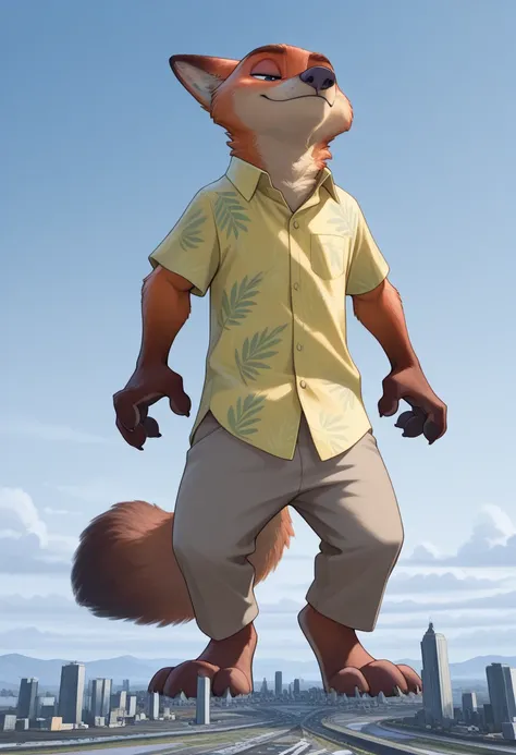  Masterpiece ,Best quality,military uniform amazing quality,
1 man, solo, a male,  man, One, fluffy, Nick Wilde, Zootopia , khaki shirts, green Hawaiian shirt, overlooks the metropolis, look at the metropolis, macro, giga-sized, 300 kilometers tall, Giant,...