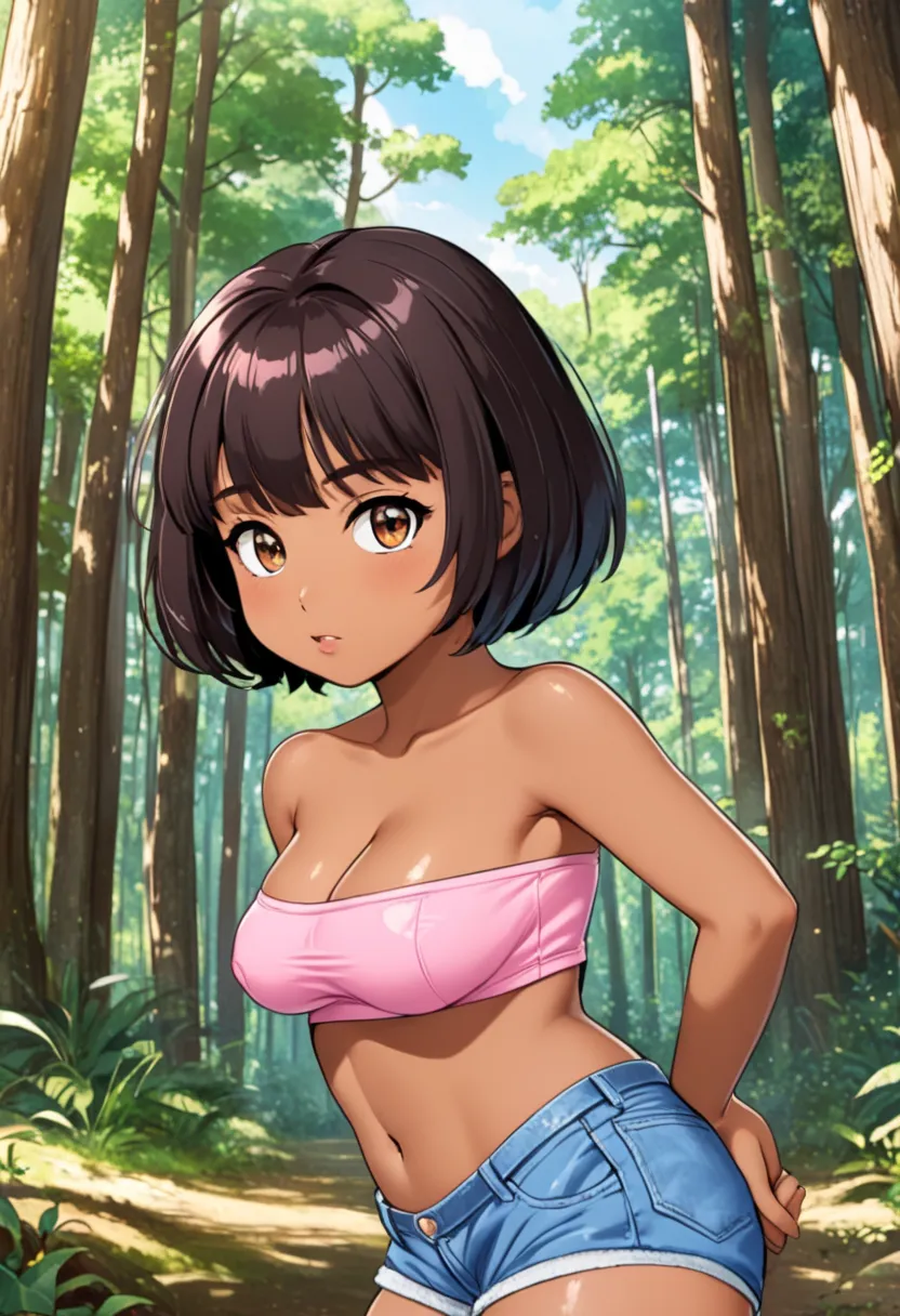 ((masterpiece, best quality)), full body, solo, dora, brown eyes, dark-skinned female, (tan), bob cut, large breasts , blue sky, forest, portrait, upper body, huge tits,, chibi, pink taught tube top, underboob, areola, booty shorts, nsfw, strapless, cleava...