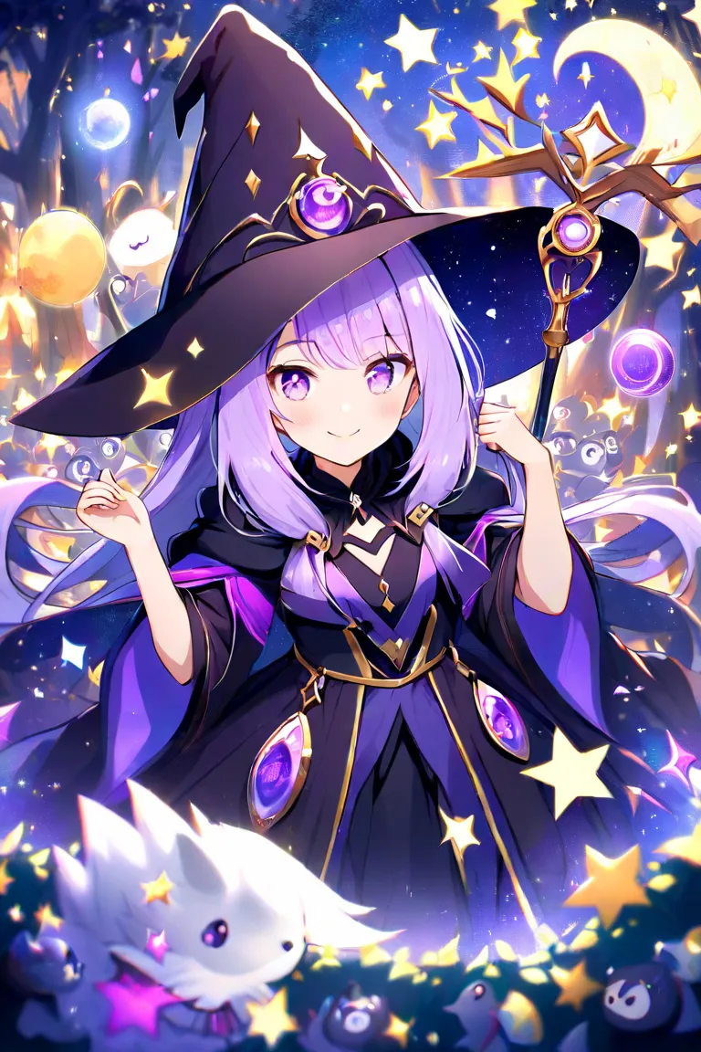 A mysterious witch with long purple hair and violet eyes, wearing a pointed hat and a black dress adorned with stars and moons. She carries a magic staff with a shiny gem on the tip and is surrounded by forest creatures, like crows and foxes. Her expressio...