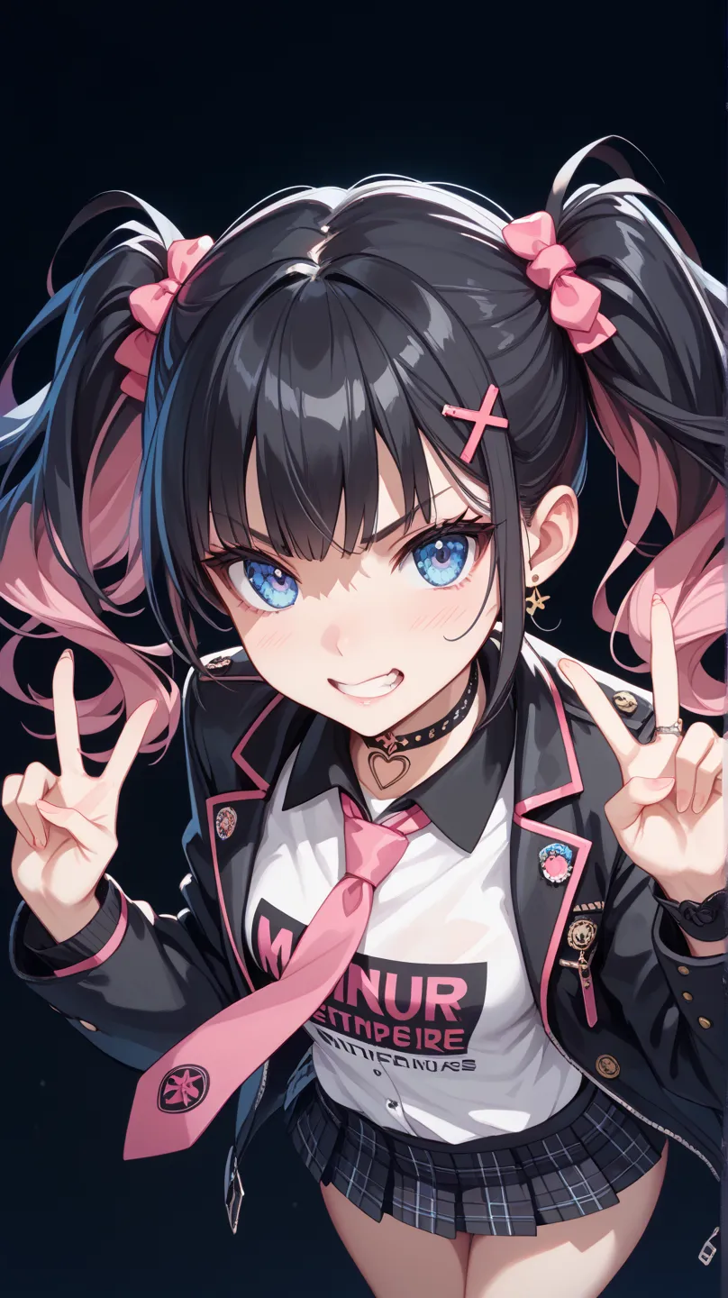 ( masterpiece ,  top quality ,   exquisite,8k,  absurd),( 748cm style ), peace sign,( High Angle), long hair,  pink , twin tails from above,  blue eyes, cute,  Angry Face , kind, unbalanced white cutter shirt,  pink tie ,  black choker,  wear a black jacke...