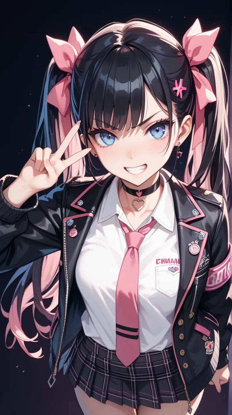 ( masterpiece ,  top quality ,   exquisite,8k,  absurd),( 748cm style ), peace sign,( High Angle), long hair,  pink , twin tails from above,  blue eyes, cute,  Angry Face , kind, unbalanced white cutter shirt,  pink tie ,  black choker,  wear a black jacke...