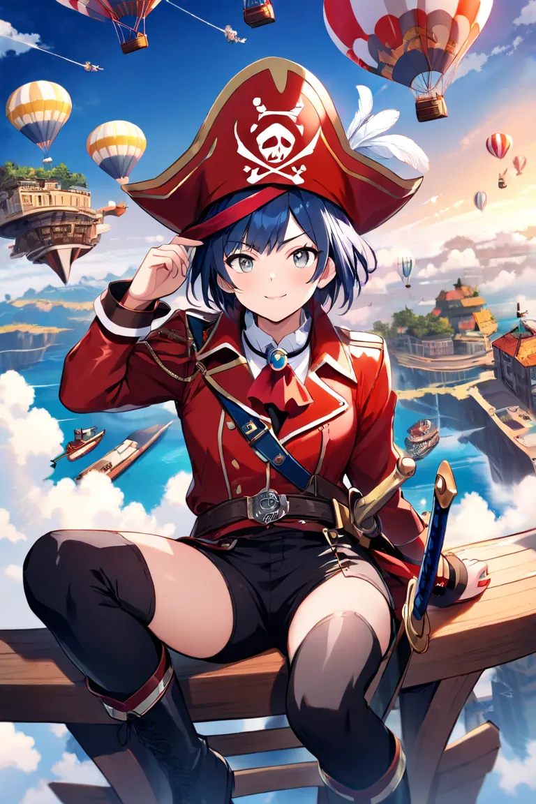 A pirate captain with dark blue hair and gray eyes, with a patch on one eye and a three-pointed hat decorated with feathers.  He wears a red leather jacket, black pants and high boots. She is on the deck of her flying ship, surrounded by clouds and hot air...