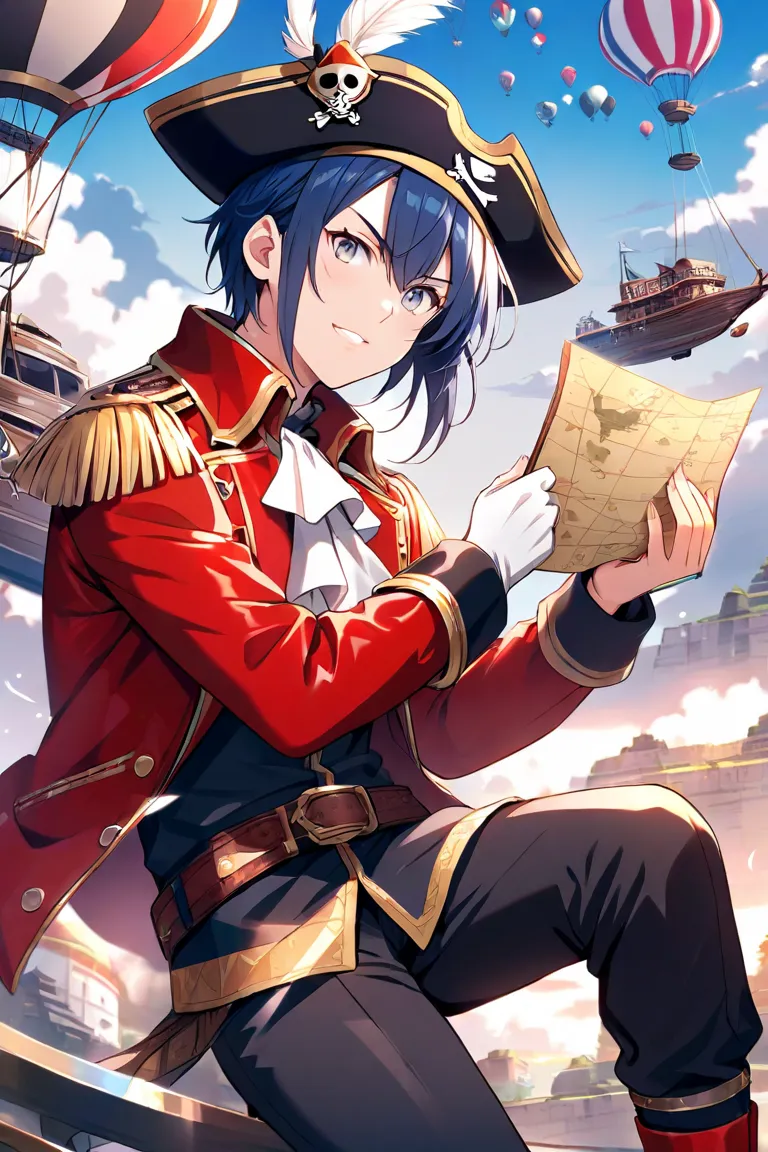 A pirate captain with dark blue hair and gray eyes, with a patch on one eye and a three-pointed hat decorated with feathers.  He wears a red leather jacket, black pants and high boots. She is on the deck of her flying ship, surrounded by clouds and hot air...