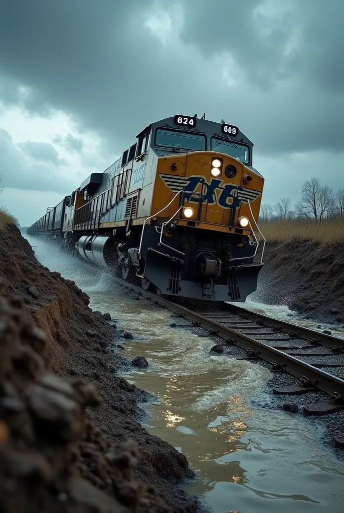 A frozen moment in time: the freight train begins to sink into the earth, with water and mud violently splashing around it. The tracks twist and break as the ground collapses. The scene is chaotic, with a dark, stormy sky overhead, emphasizing the drama of...