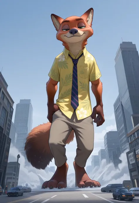  Masterpiece ,Best quality,military uniform amazing quality,
1 man, solo, a male,  man, One, fluffy, Nick Wilde, Zootopia , khaki shirts, green Hawaiian shirt, lies in the middle of the field, look at the metropolis, macro, giga-sized, 300 kilometers tall,...