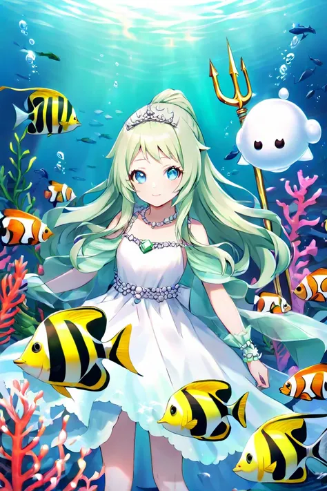 An ocean princess with emerald green hair and navy blue eyes, wearing a dress made of seaweed and pearls that shines underwater. She wears a golden trident and is surrounded by tropical fish and corals. Her expression is calm and noble, with a soft smile a...