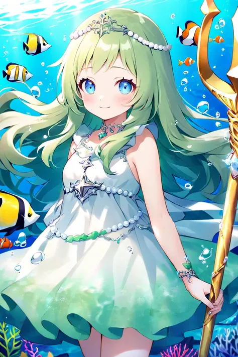 An ocean princess with emerald green hair and navy blue eyes, wearing a dress made of seaweed and pearls that shines underwater. She wears a golden trident and is surrounded by tropical fish and corals. Her expression is calm and noble, with a soft smile a...