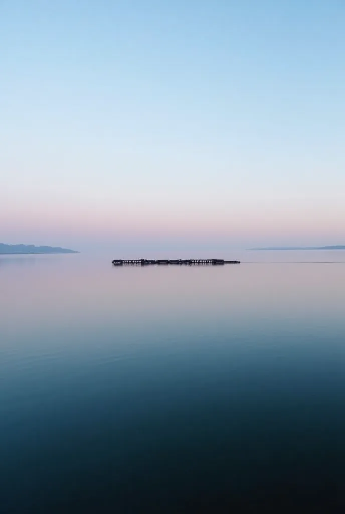 A serene yet unsettling view of Lake Epecuén at dawn. The water is perfectly still, reflecting the soft pink and blue hues of the morning sky. In the distance, the faint outline of the submerged train is barely visible beneath the surface, creating a sense...