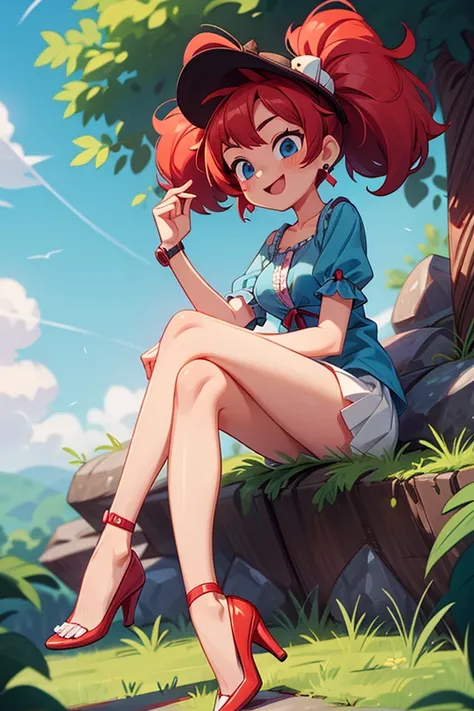 (masterpiece, best quality), 1girl, blue blouse with short neckline, white short skirt, red hair, two ponytails, cute face, blue eyes, sitting with legs crossed, outdoor, intricate detail, sunlight, elegant little hat, sexy pose, red heels shoes, earrings,...