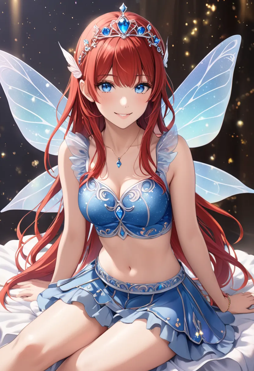 High Resolution, Masterpiece, Best Quality, Looking at viewer, warm smile, sitting relaxed, Simple background, Bloom, (red hair, blue eyes, bangs, medium long hair), (fairy outfit), (blue croptop, sleeveless, blue skirt, sparkling clothing, fairy wings, ti...