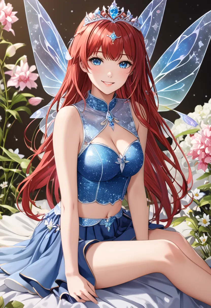 High Resolution, Masterpiece, Best Quality, Looking at viewer, warm smile, sitting relaxed, Simple background, Bloom, (red hair, blue eyes, bangs, medium long hair), (fairy outfit), (blue croptop, sleeveless, blue skirt, sparkling clothing, fairy wings, ti...