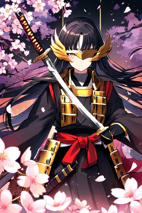 A samurai with long black hair and golden eyes, wearing traditional Japanese armor in shades of red and black. She wears a katana in her hand and a kitsune mask around her waist. She is in a cherry blossom field, with petals floating in the air. Her expres...