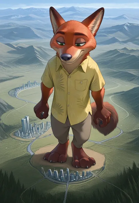  Masterpiece ,Best quality,military uniform amazing quality,
1 man, solo, a male,  man, One, fluffy, Nick Wilde, Zootopia , khaki shirts, green Hawaiian shirt, rises above mountains and terrain, look at the metropolis, macro, giga-sized, grows, Giant, high...