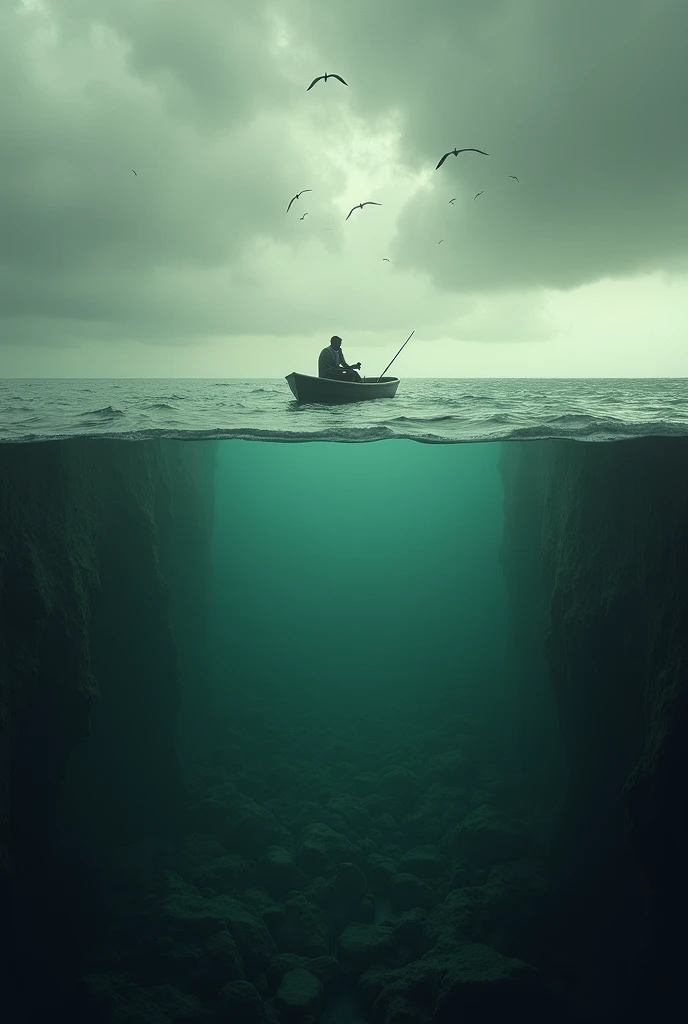 A lone fisherman in a small boat staring in horror as the ocean recedes dramatically, revealing the seabed. The sky is ominous, with birds flying away. The composition focuses on the vast emptiness of the exposed ocean floor, creating a sense of impending ...