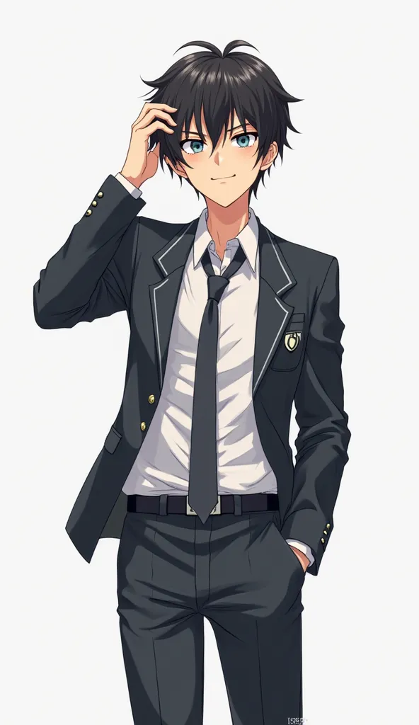 
"A full-body, 2D anime-style illustration of Yuuto Takashi, a age high school student with a relaxed and slightly messy appearance. He is wearing a standard anime-style high school uniform, consisting of a blazer, dress shirt, tie, and pants. His outfit l...