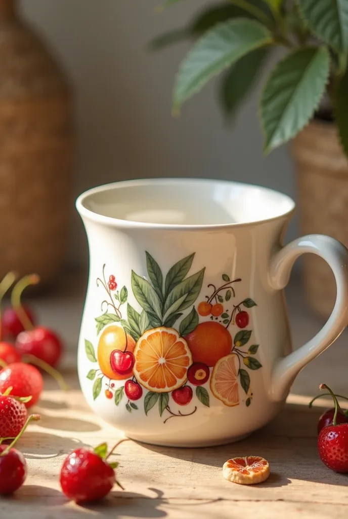 White ceramic mug with fruit design on it