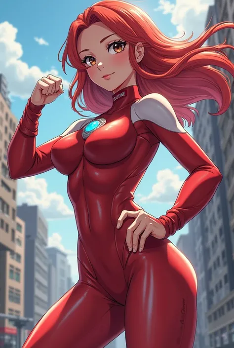 My Hero Academia Style , Anime girl, female, young female ,Full Body Shot,(fighting Pose:2),Long hair, Red Hair,  Brown Eyes,Hero Suit, Full Body Suit, red suit with white details,small round blue jewel in the center of the chest, perfect anatomy,  Toughen...