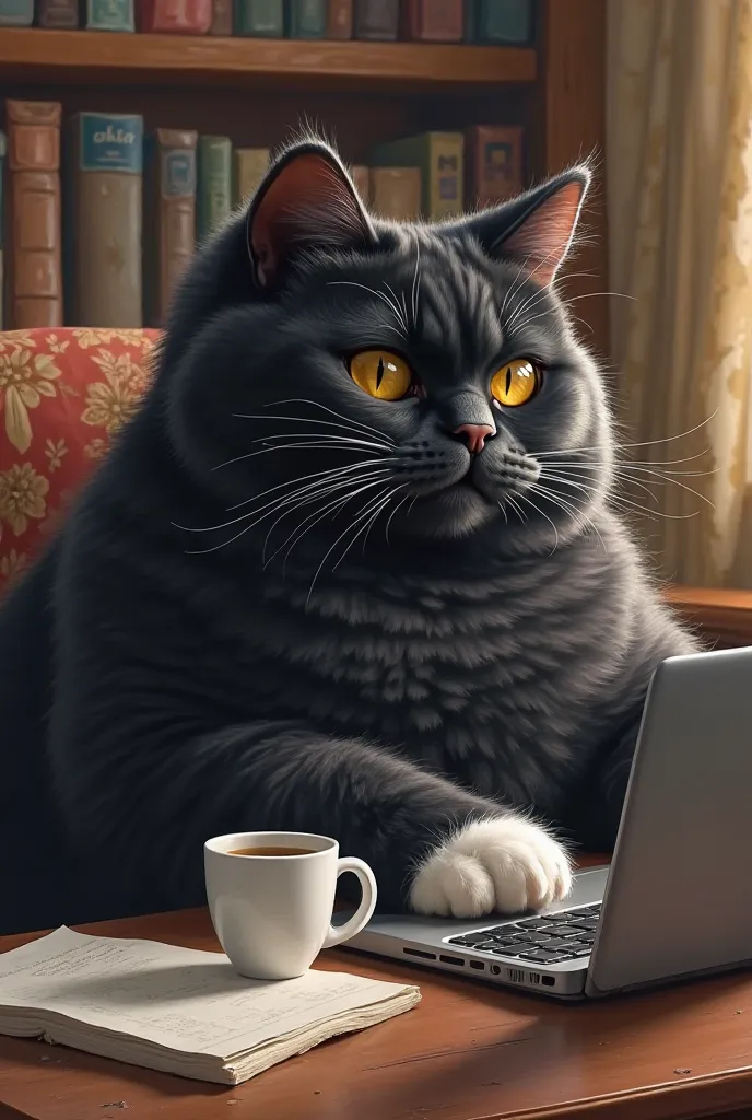 Black cat with white paws, chonker cat, sitting at a desk with a coffee mug in front, typing on a laptop with its paws.** The scene is a cozy home office with books and papers scattered around, showing the cat’s dedication to its work. The artwork is a bea...