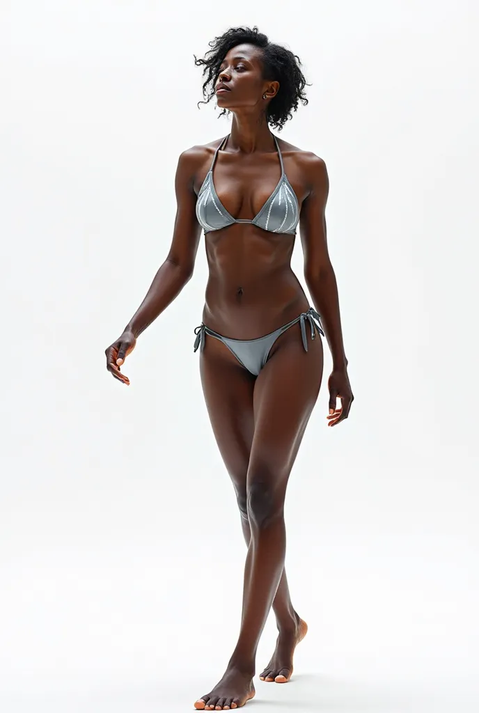 African woman, multiple views, head-to-toe, white background, tight bikini, middle-aged, maternal , strong, realistic, clothing made of clear ice,  no shoes, short hair, walking, skin covered in ash, long dark hair, casting magic, looking to sky, twisting,...