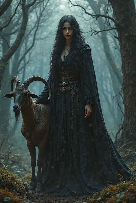 A witch from the front in a dark forest and behind her, a goat resting its leg on one of its shoulders.