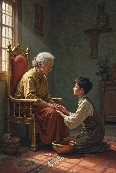 A very old mother, dressed in old and tattered clothes, sits on a golden king's chair, and a young man sits at their feet, washing his old man's feet in a godgoda basin filled with water.