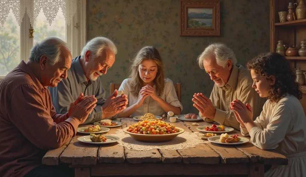 a united family praying at the lunch table in a cozy room